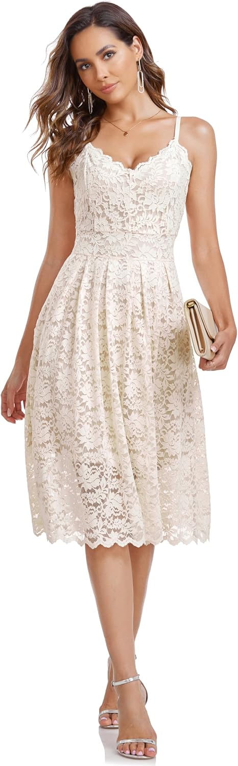 Atnlewhi Damen Vintage ärmellosen V-Ausschnitt A-Linie Kleid Blumen Knielang Spitzenkleid Brautjungf