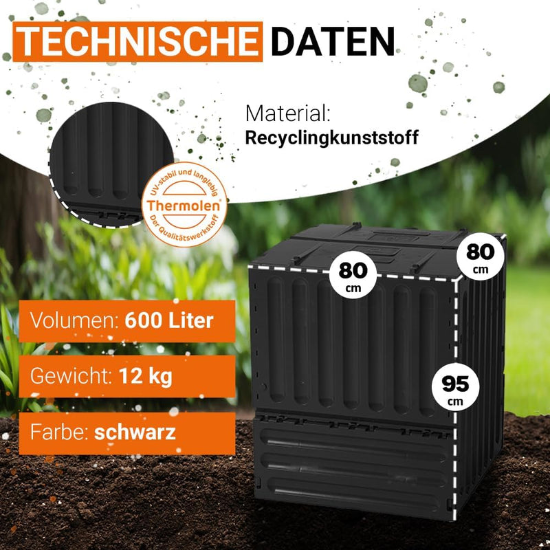 Geschlossener Schnell-Komposter 600 Liter: ECO-King, schwarz, aus 100% recyceltem PP, Made in