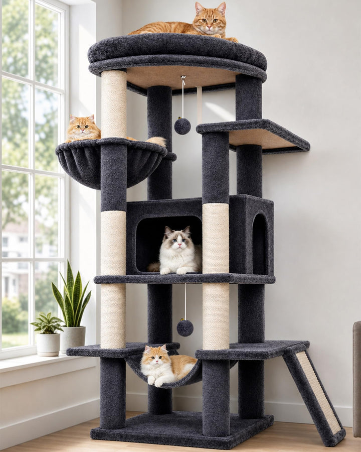 Globlazer Kratzbaum Stabil mit Extragross Loungebereich für 2/3 Katzen S56 | Katzenbaum 143cm Platz