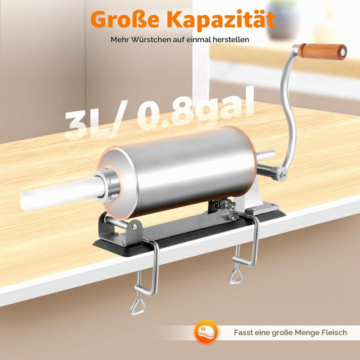 Wurstfüller 3L Edelstahl, Manuelle Wurstmaschine mit Handkurbel &amp; 4 Füllrohren, Horizontale Wurstpre