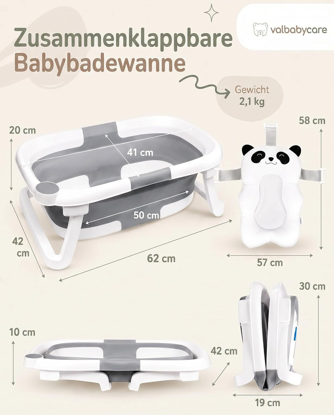 Baby Badewanne Faltbar Antirutsch Ergonomisch Neugeborene Bis 2 Jahre mit Panda Kissen Gross und gep
