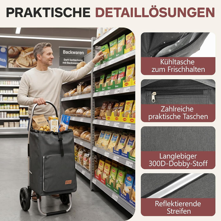 Sekey Einkaufstrolley klappbar, XXL Einkaufstasche mit Kühlfach, | grosse Räder, Aluminiumrahmen, fa
