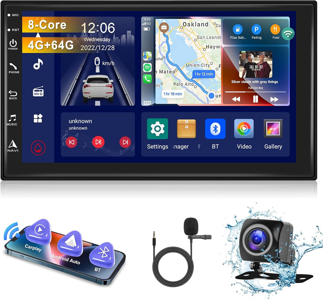 Hodozzy Android Autoradio 8-Core 4G+64G mit Carplay, Android Auto, Mirror Link 2 Din 7 Zoll IPS Touc
