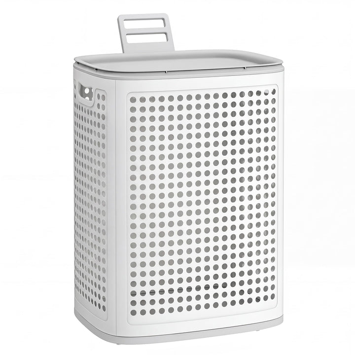 SONGMICS Wäschekorb mit Deckel, Wäschesammler Plastik, 75 L, Wäschetonne schmal, Wäschebox platzspar