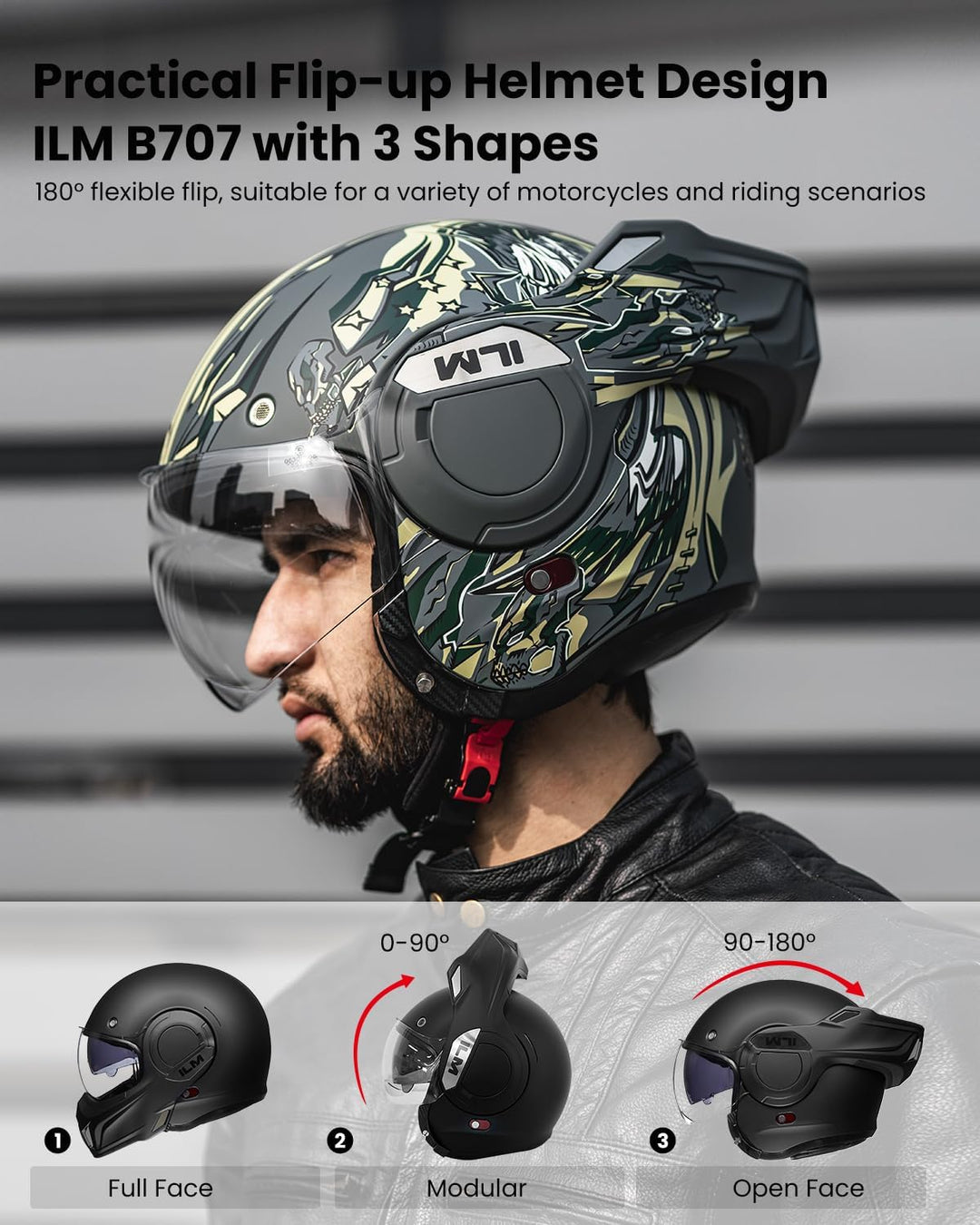 ILM Motorradhelm Integralhelm Klapphelm Fullface Helm Herren Damen ATV UTV mit 180° Umkehrbarer Kinn