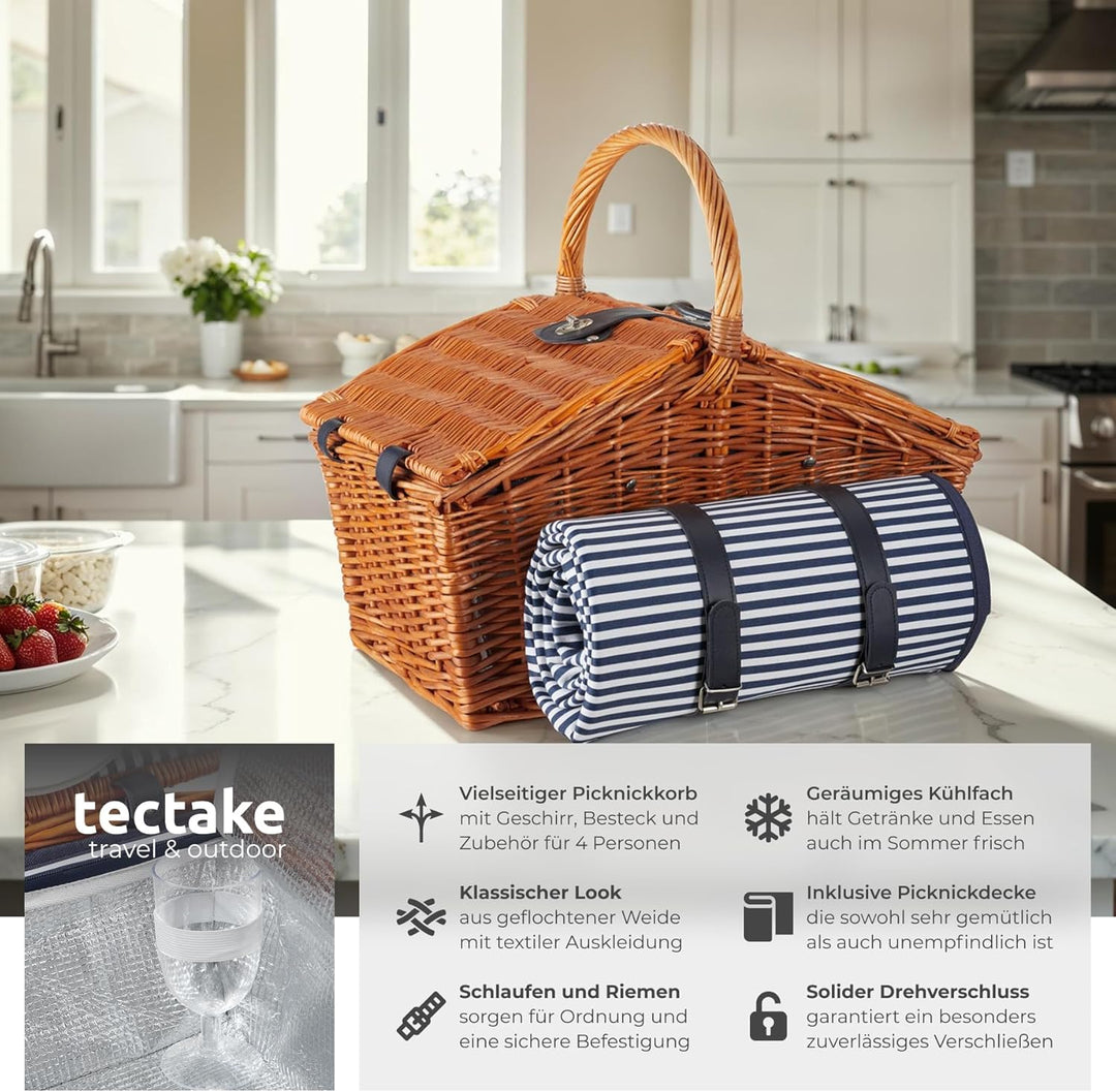tectake® Picknickkorb und Picknickdecke 4 Personen, befüllter Picnic Basket Weidenkorb für Ausflug,