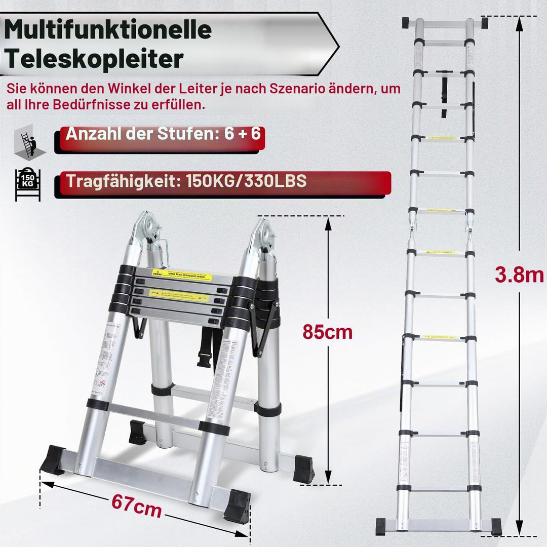 Teleskopleiter Klappleiter Aluminium, Cecaylie 3.8M Ausziehbare Leiter, Rutschfester Aluleiter Stehl