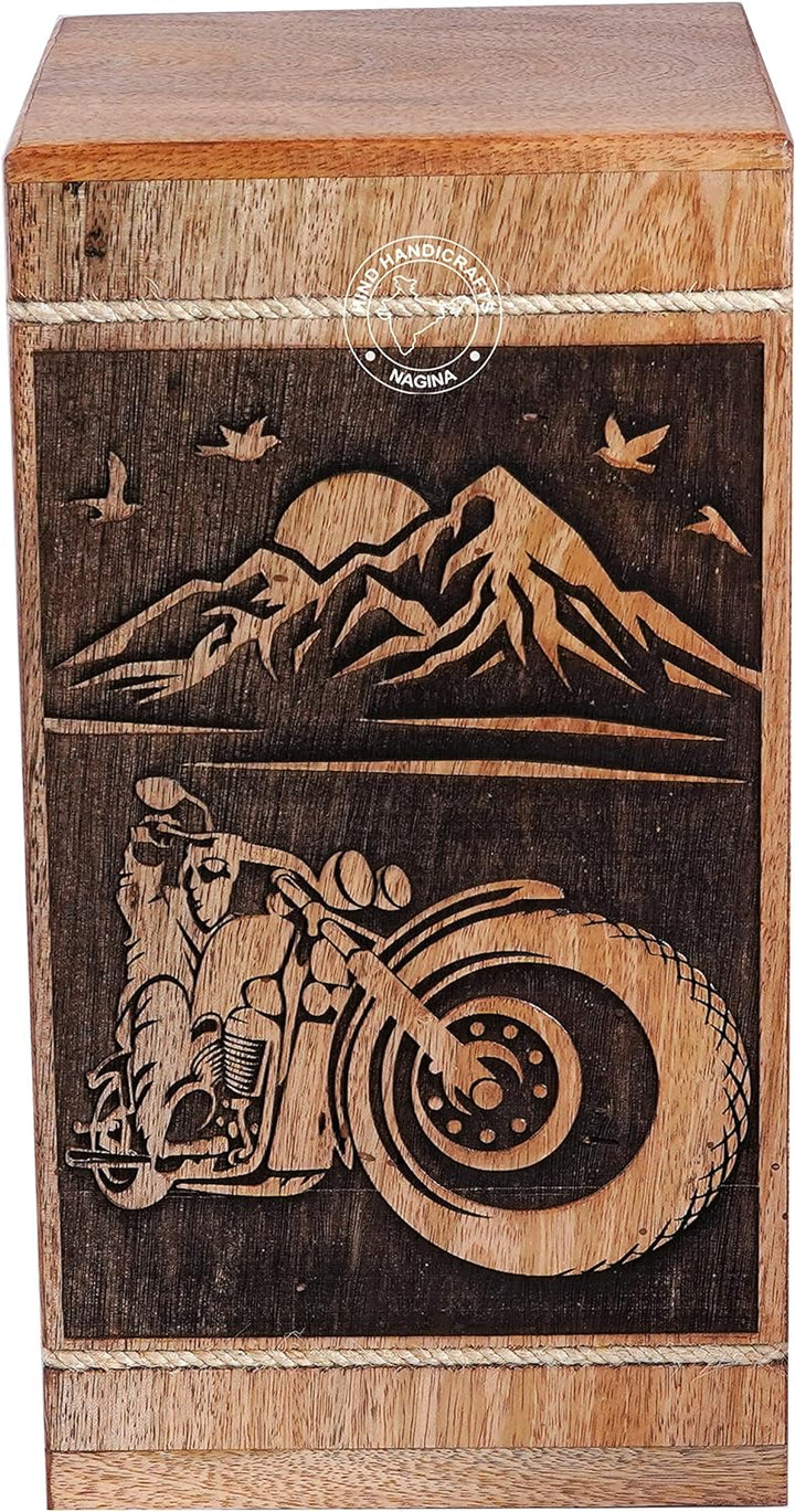 HIND HANDICRAFTS Handgefertigte BikerHolzurne für menschliche Asche für Erwachsene, gross – Berg auf