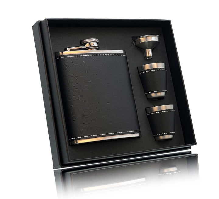 Flachmann für Spirituosen und Whisky 7 oz / 200 ml,Schwarz Flachmann Edelstahl,flachmann leder mit 2