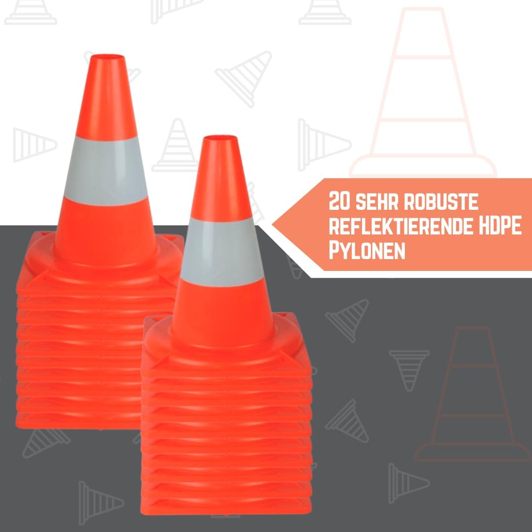 20 Stück Verkehrskegel Reflektierend orangefarbener - Warnkegel HDPE - 33 cm hoch