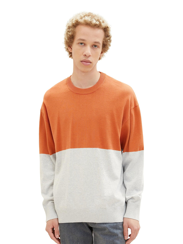TOM TAILOR Denim Herren Denim Relaxed Fit Colorblock Pullover, 32754 - Rust Grey Color Block