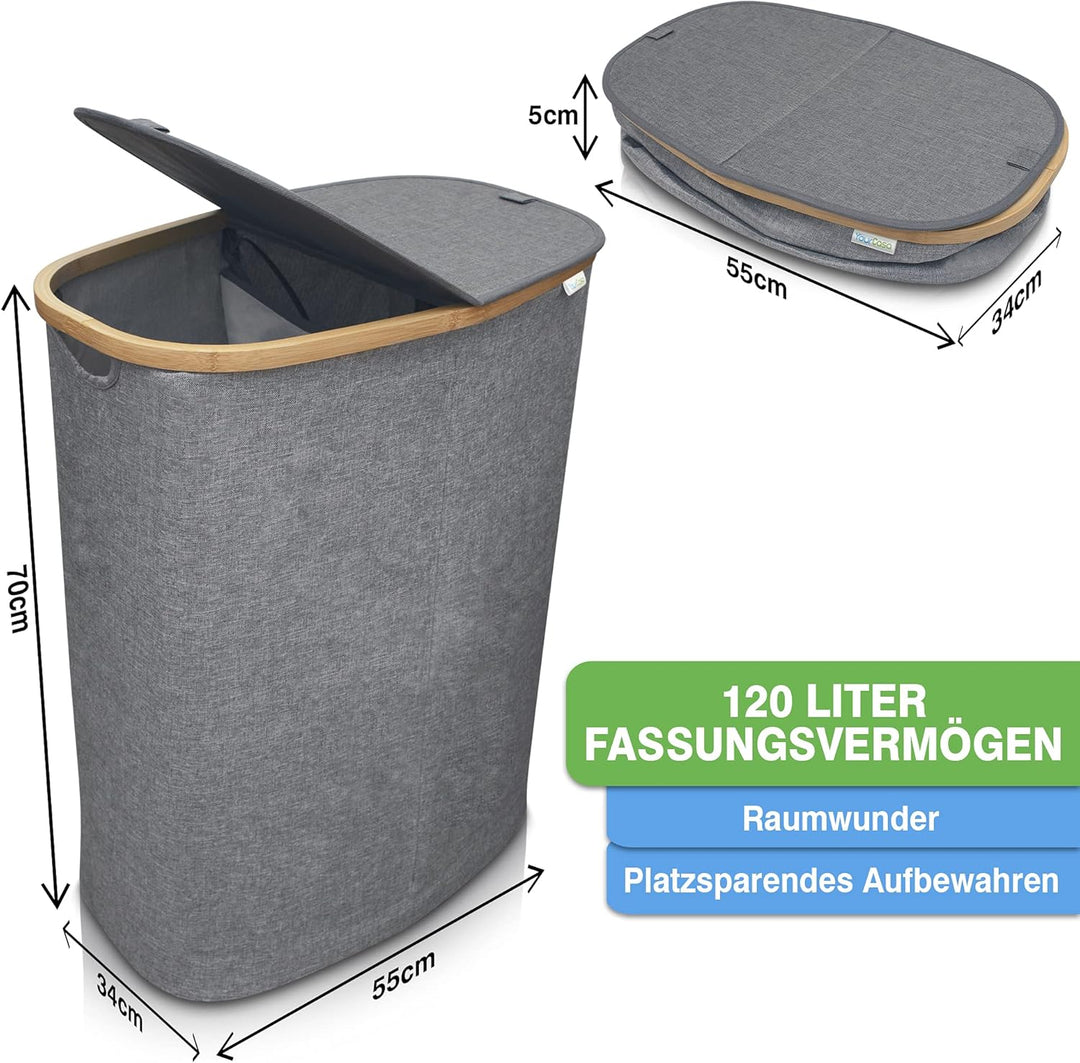 YourCasa® Wäschekorb mit Deckel [120L gross] Wäschesammler mit 2 Fächern - Nachhaltiger Bambus Korb