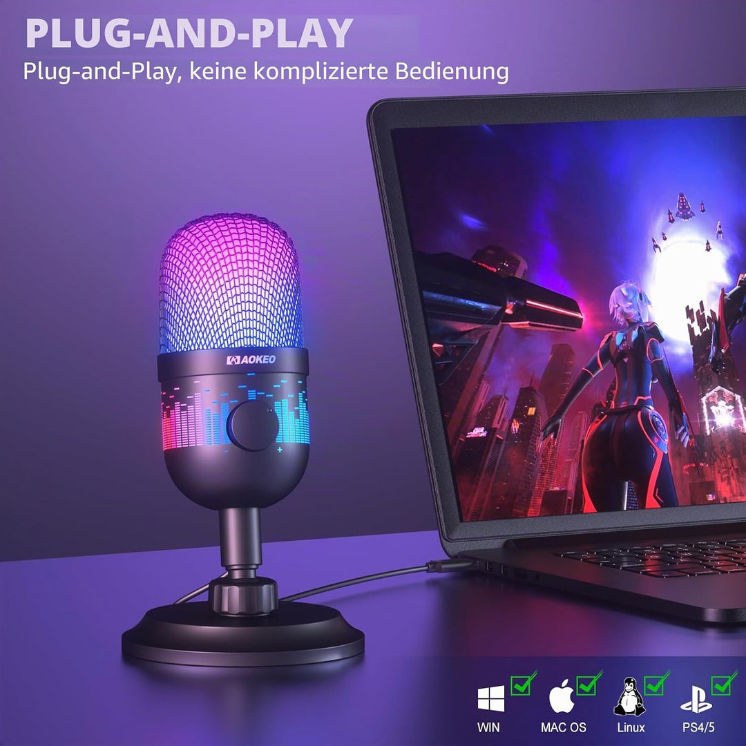 aokeo Gaming Mikrofon, USB Computer Mikrofon für PC, Mac, PS4/5, Kondensator Podcast Mic für Studioa