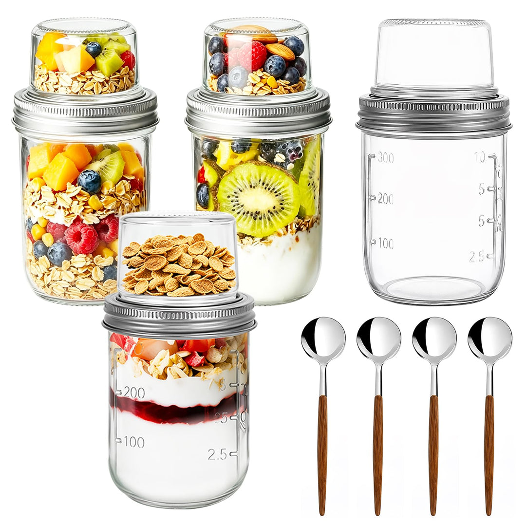 Yuragim 4er Overnight Oats Gläser, 400ml+100ml Müslibecher to go mit Deckel und Löffel, Doppelkammer