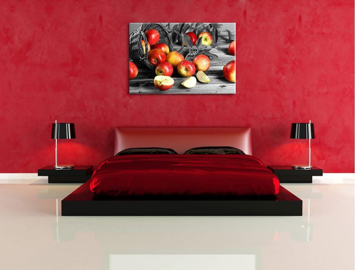 Umgefallener Apfelkorb mit roten Äpfeln schwarz/weiss Format: 100x70 auf Leinwand, XXL riesige Bilde