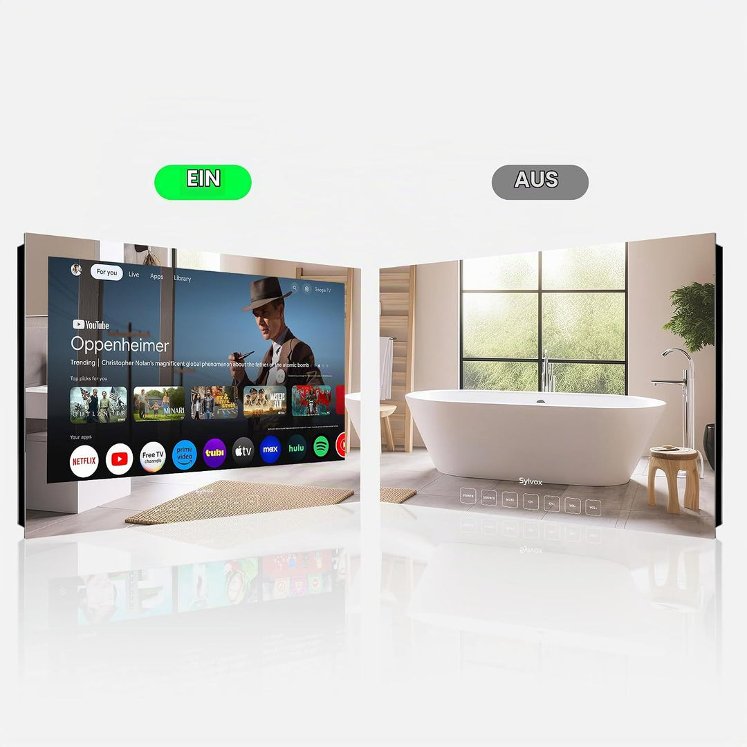 SYLVOX Spiegel Fernseher für Bad 32 Zoll, Wasserdichter IP66 Google TV 1080P | 60Hz| Hotspot &amp; WiFi