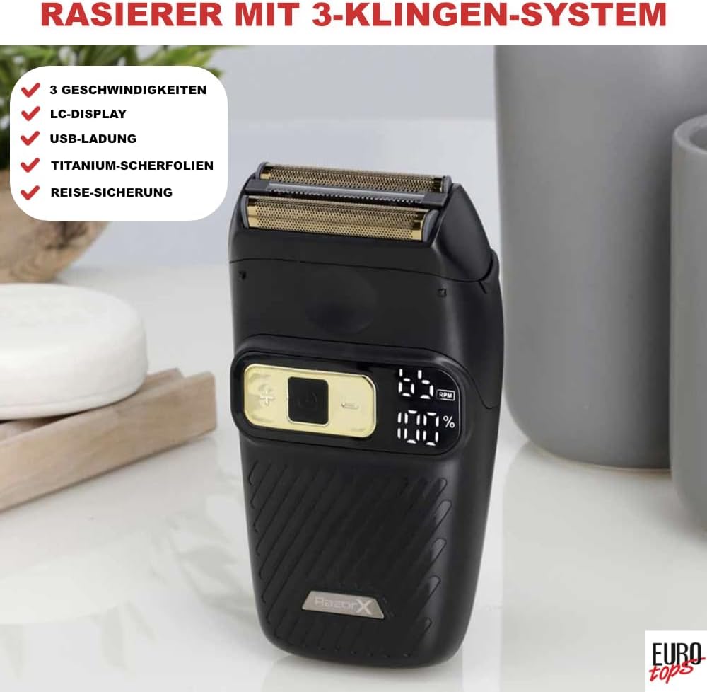 EUROtops Rasierer mit 3-Klingen-System – Elektrischer Herrenrasierer mit Titanium-Scherfolien, 3-stu