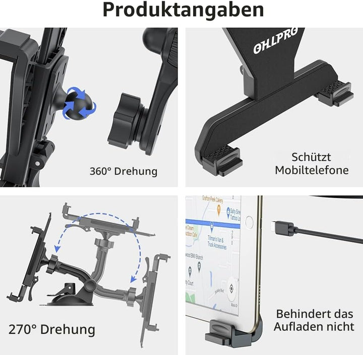 Tablet Halterung Auto, 360° Drehbare Verstellbare iPad Autohalterung, Universal Armaturenbrett Winds