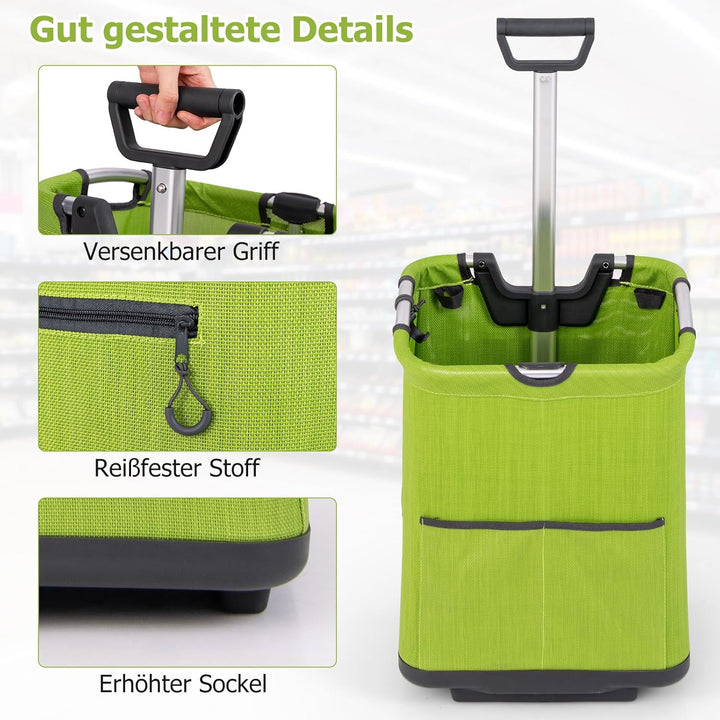 COSTWAY Einkaufstrolley klappbar, 50 Liter, Einkaufswagen mit 3 Taschen & verstellbarem Griff, Einka