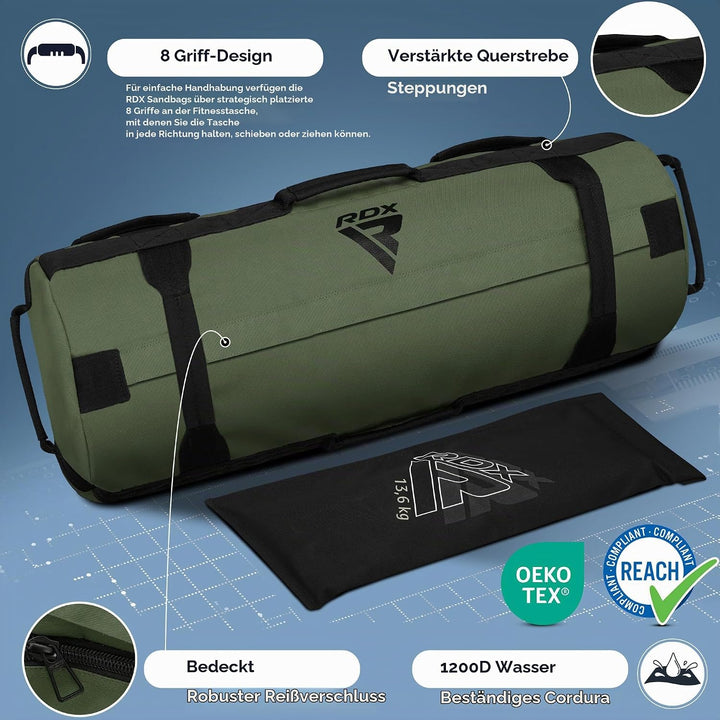 RDX Gewichtete Sporttasche für Krafttraining, Gewichtssack mit 8 Griffe, Gewicht Sandbag ungefüllten