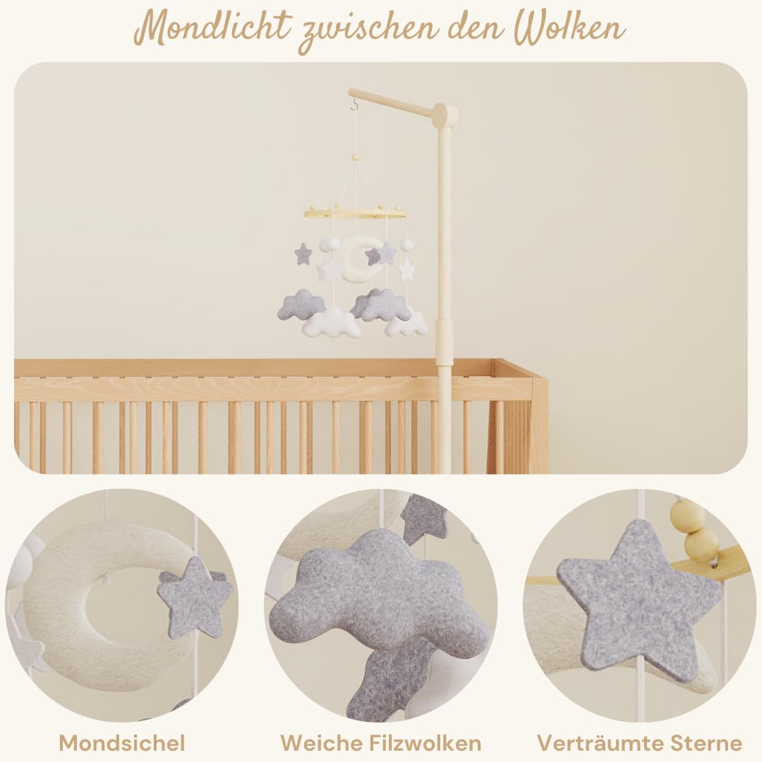 Mondwolke Baby Mobile für Babybett, handgemachtes Filz Mobile Baby in Grau und Weiss, Mobile Babybet