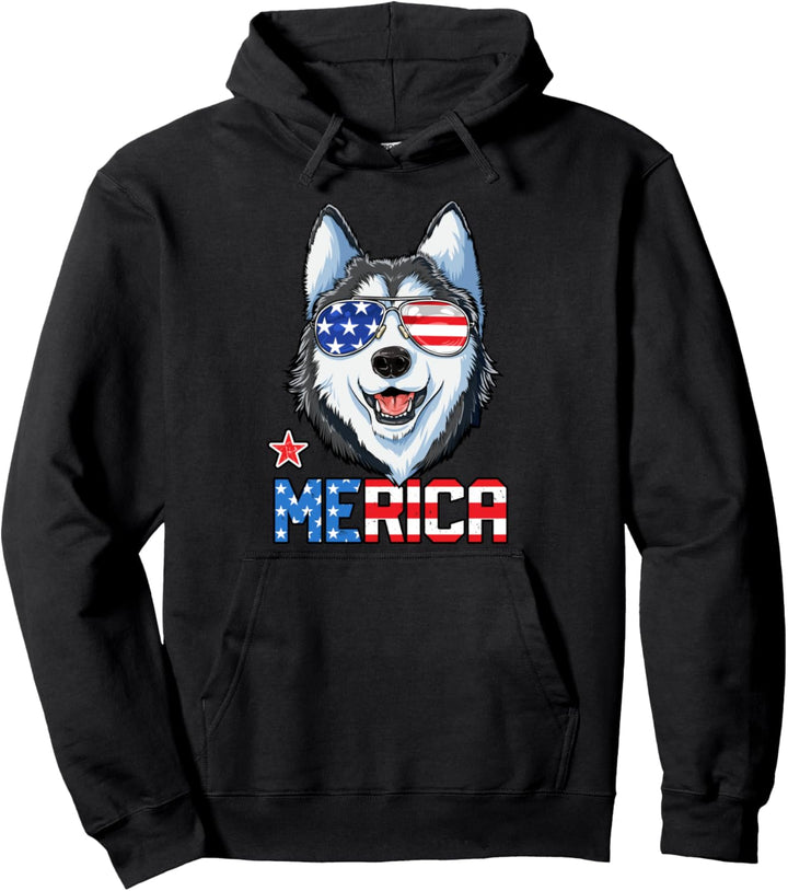 Siberian Husky 4th of July Merica Sunglasses American Flag Pullover Hoodie