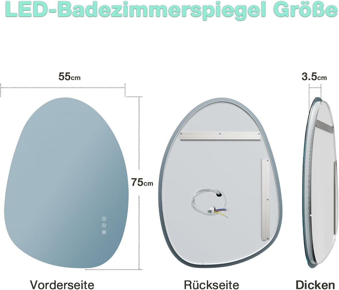 Asymmetrischer Spiegel mit Beleuchtung 75 × 55 cm, 3 Lichtfarben, Dimmbar, Antibeschlag, IP44 Wasser