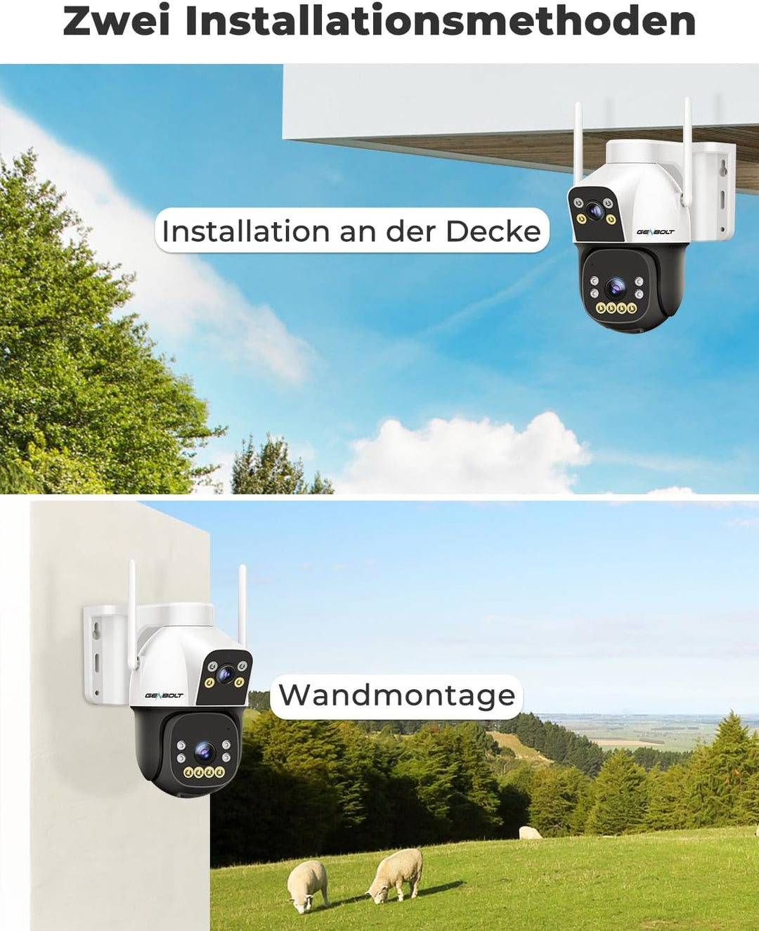 GENBOLT 4G AOV Mobilfunk Solar Überwachungskamera Aussen Kabellose, 7/24-Aufzeichnung 3MP+3MP IP Kam