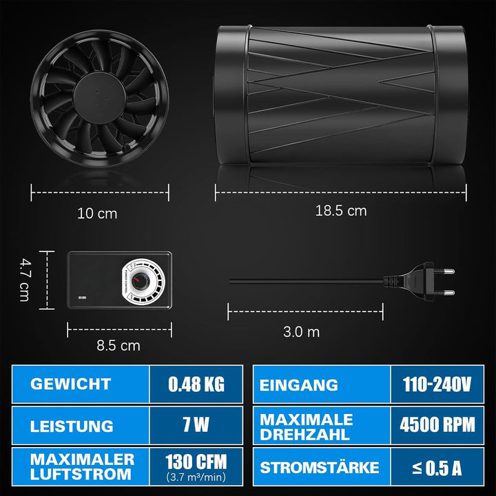 Regelbar Rohrventilator 100mm, 222 m³/h 4500 U/min Inline Abluftventilator Leise mit Drehzahlregler,