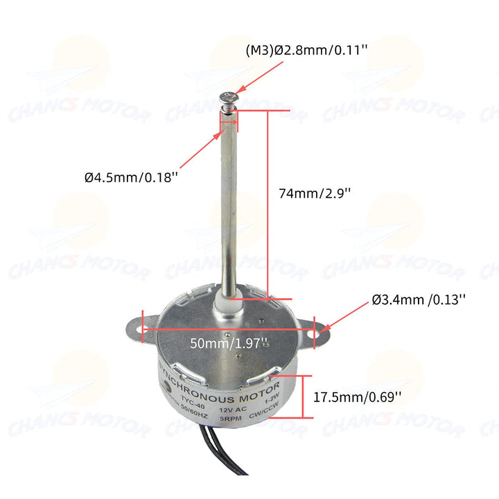 CHANCS TYC-40 Kleiner Synchronmotor DC 12V 5RPM Innenwellenlänge 74mm CW/CCW Elektromotor Untersetzu