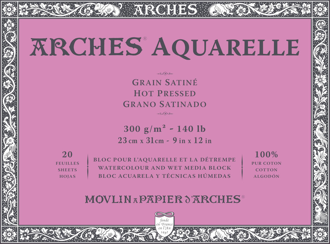 ARCHES Aquarelle 100% Satin 300 g Block verleimt 4 l 23 x 31 20 Blätter Naturweiss