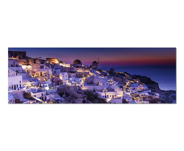 Paul Sinus Art Panoramabild auf Leinwand und Keilrahmen 150x50cm Griechenland Santorini Vollmond Mee