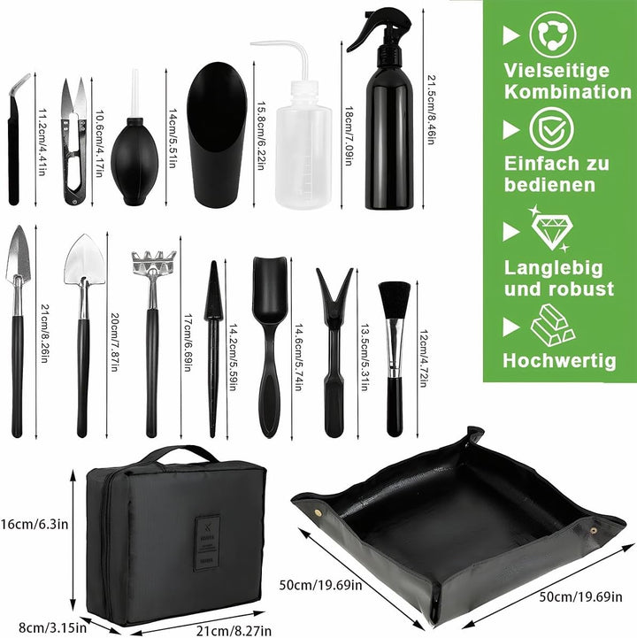 Bonsai Werkzeug Set 15 Stück mit wasserdichte Umtopfmatte & Aufbewahrungstasche,Mini Gartengeräte Ga