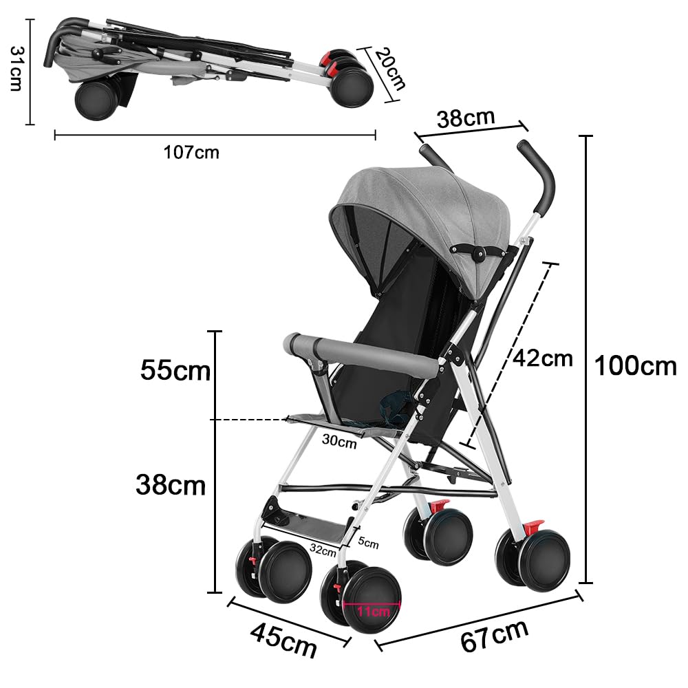 Kompakter Kinderwagen, Kinderwagen aus EVA, Kinderwagen mit 4 Rädern, Kinderwagen, sitzend, Sonnensc