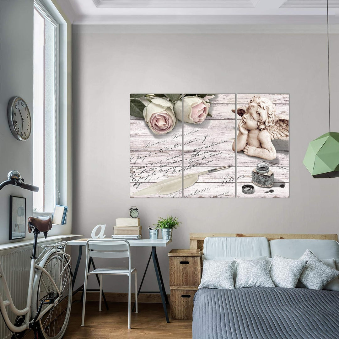 Runa Art Wandbilder Engel Blumen Bild XXL Wohnzimmer Schlafzimmer Rosa Grau Holz 120 x 80 cm 3 Teili