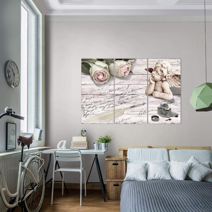 Runa Art Wandbilder Engel Blumen Bild XXL Wohnzimmer Schlafzimmer Rosa Grau Holz 120 x 80 cm 3 Teili