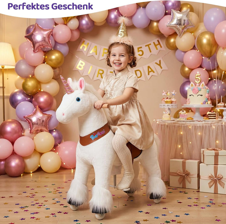 PonyCycleEinhorn Reitpferd für Kinder 3-4 Jahre, 76cm Hoch, Spielpferd mit Handbremse und Klang, Wei