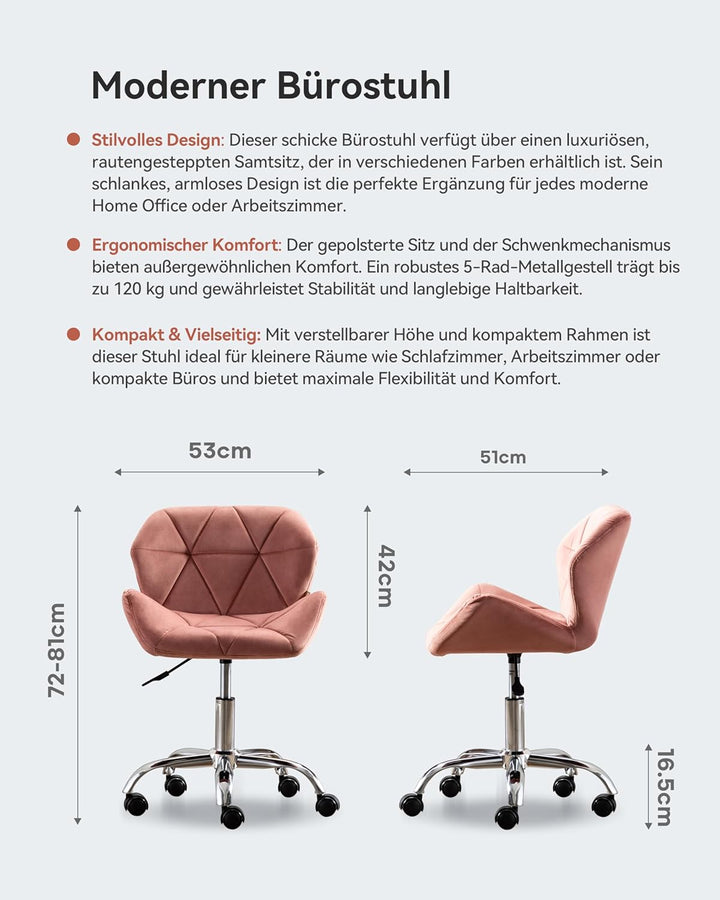 HNNHOME Eris Schreibtischstuhl, moderner, gepolsterter Samt, Drehstuhl, aus Stoff, höhenverstellbar