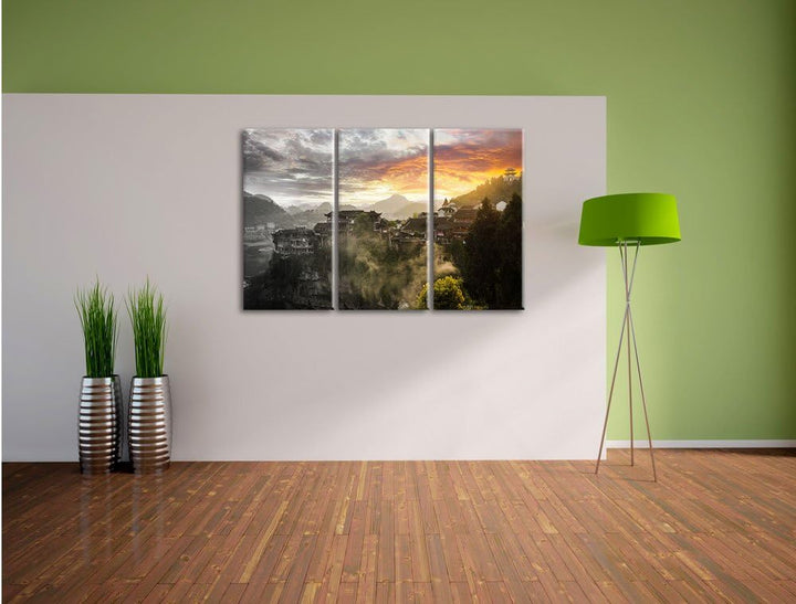 Pixxprint Gigantisches Dorf in China Schwarz/Weiss 3-Teiler Leinwandbild 120x80 Bild auf Leinwand