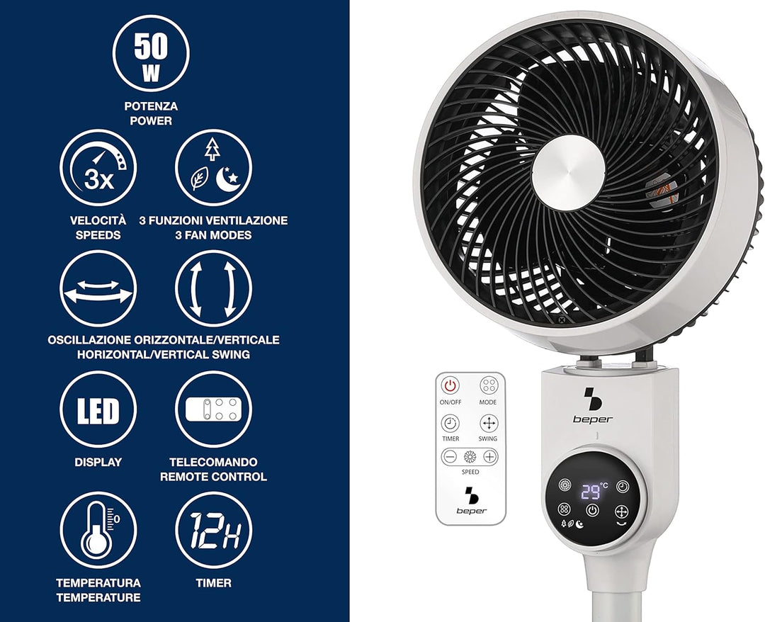 BEPER P206VEN161 Standventilator mit Fernbedienung und LED Display, Luftzirkulation Ventilator Oszil