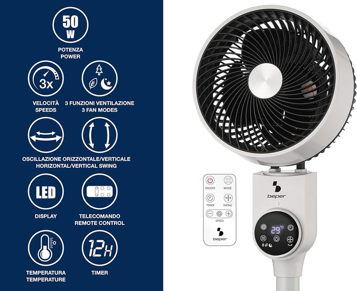 BEPER P206VEN161 Standventilator mit Fernbedienung und LED Display, Luftzirkulation Ventilator Oszil