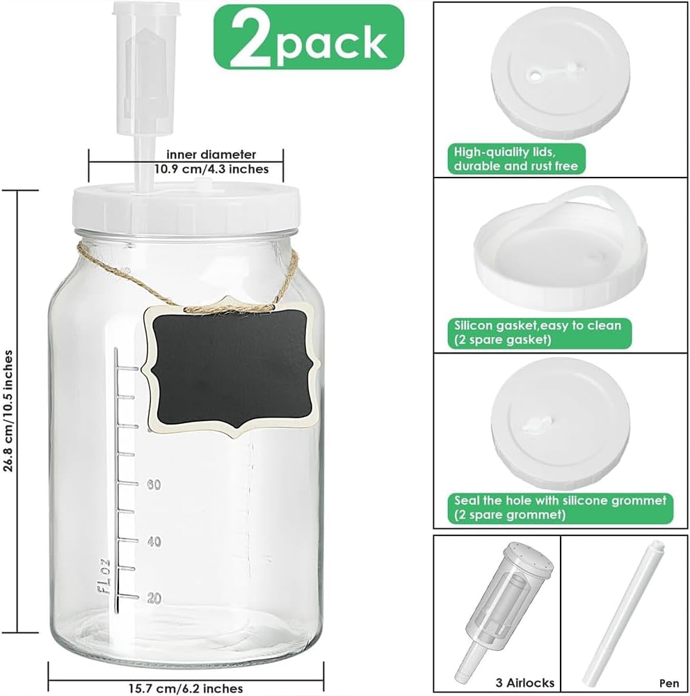 Fermentierglas 2 Stück 64oz - Luftdichter Kimchi Behälter mit Doppeldeckel, Messskala, Ideal für Sau