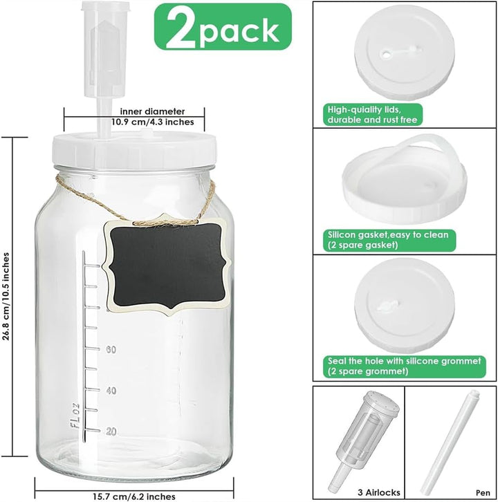 Fermentierglas 2 Stück 64oz - Luftdichter Kimchi Behälter mit Doppeldeckel, Messskala, Ideal für Sau