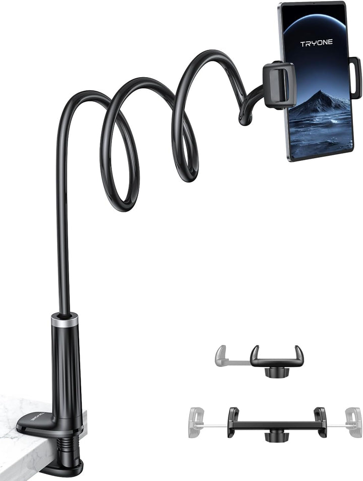 Tryone Schwanenhals Tablet Halterung Bett: Tablet Halter 360°Drehbarer Sockel mit 2 Clips Handyhalte