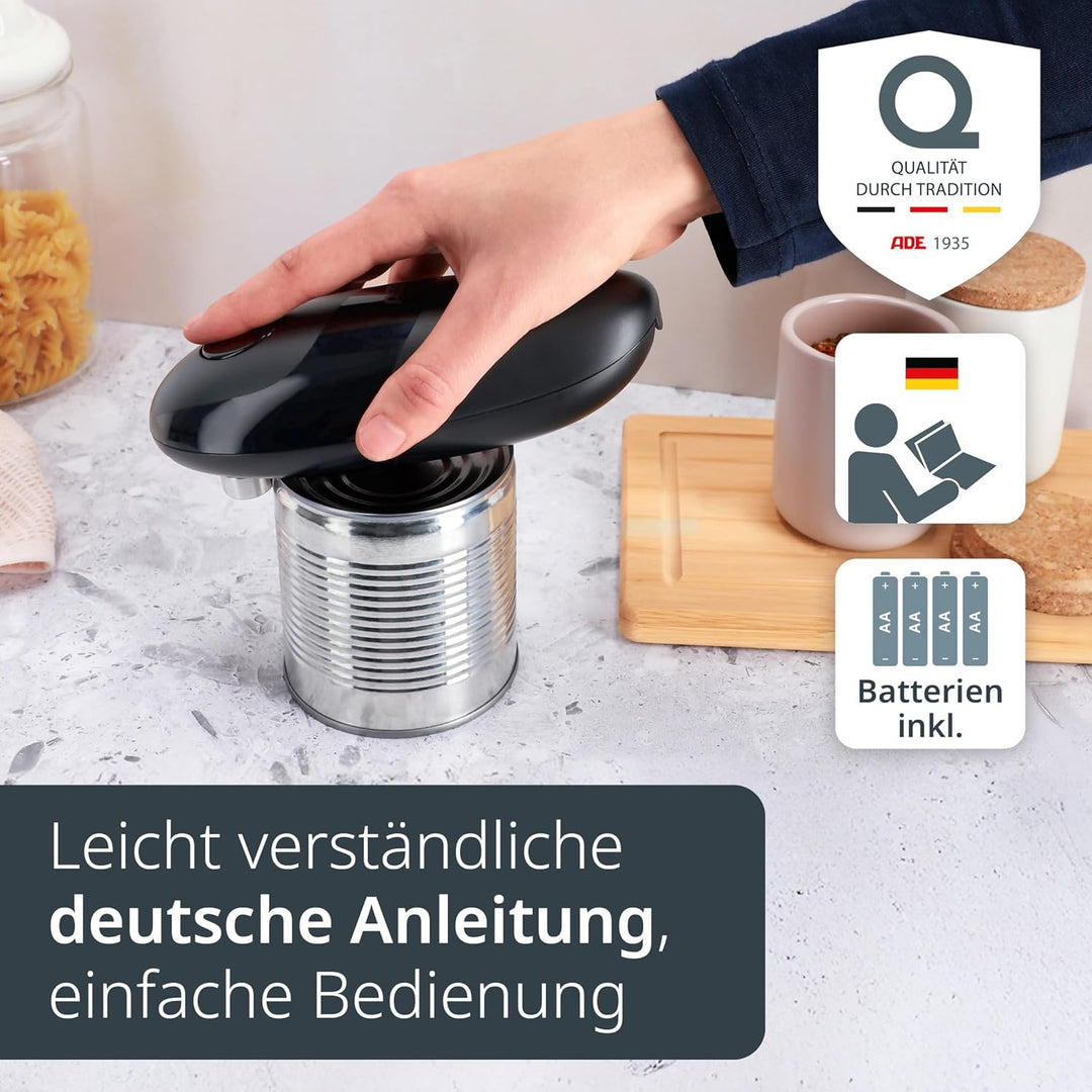 ADE Elektrischer Dosenöffner | perfekt für Senioren | praktischer Deckelöffner mit Magnet und Haken