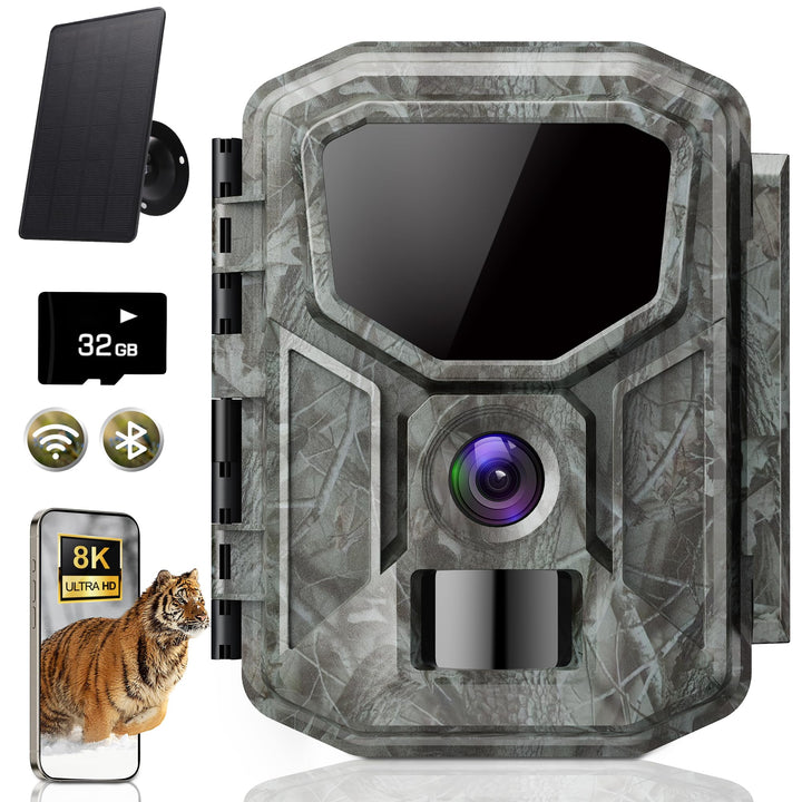 8K Solar-Wildkamera mit unbegrenzter kostenloser App, 7800mAh Akku, 850nm Nachtsicht, 0,1S Bewegungs
