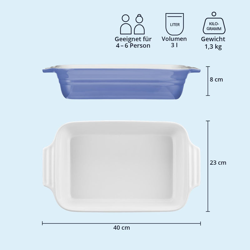 KHG Auflaufform gross 40 cm Hellblau für 4-6 Personen, Kapazität 3 Liter, Ofenform Keramik Steingut