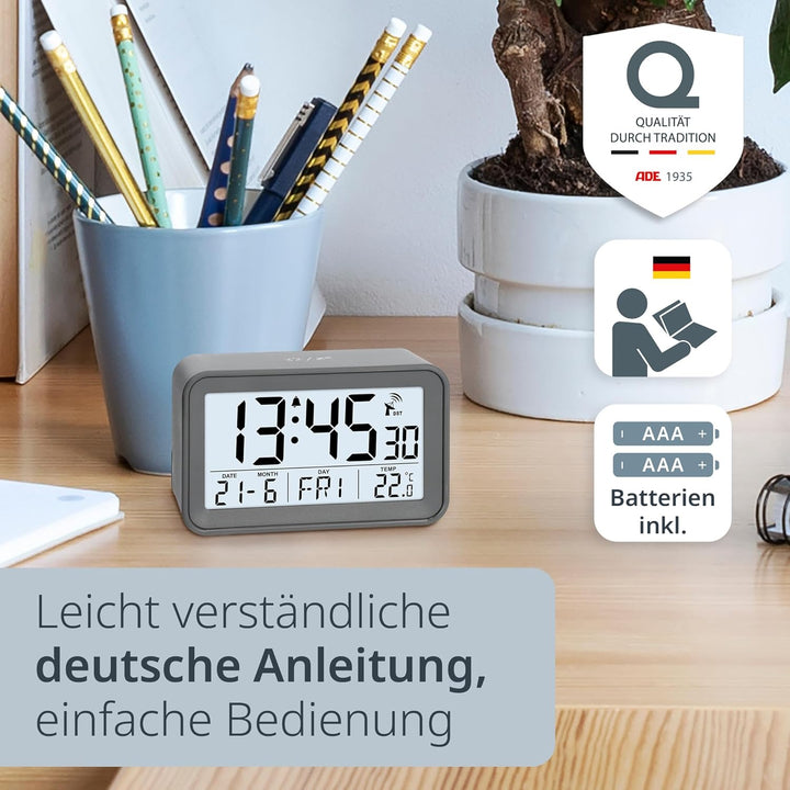 ADE Digitaler Funkwecker mit Licht | Temperaturanzeige und Kalender | kompakter Reisewecker | hübsch