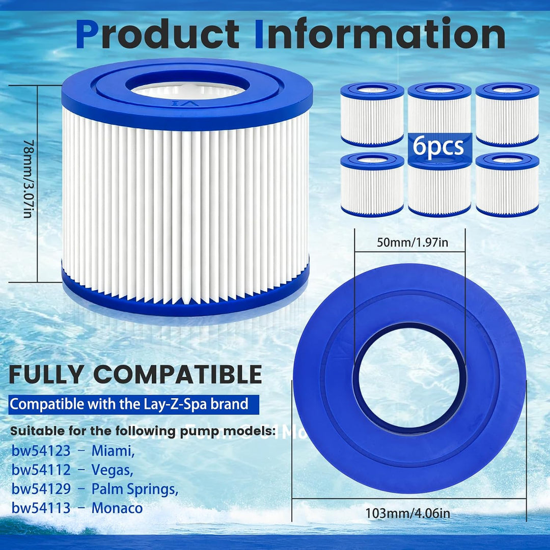 Erzekrim 6 Stück Filter VI für Pool Filterkartuschen VI für Bestway Miami Filter Cartridge VI Kompat