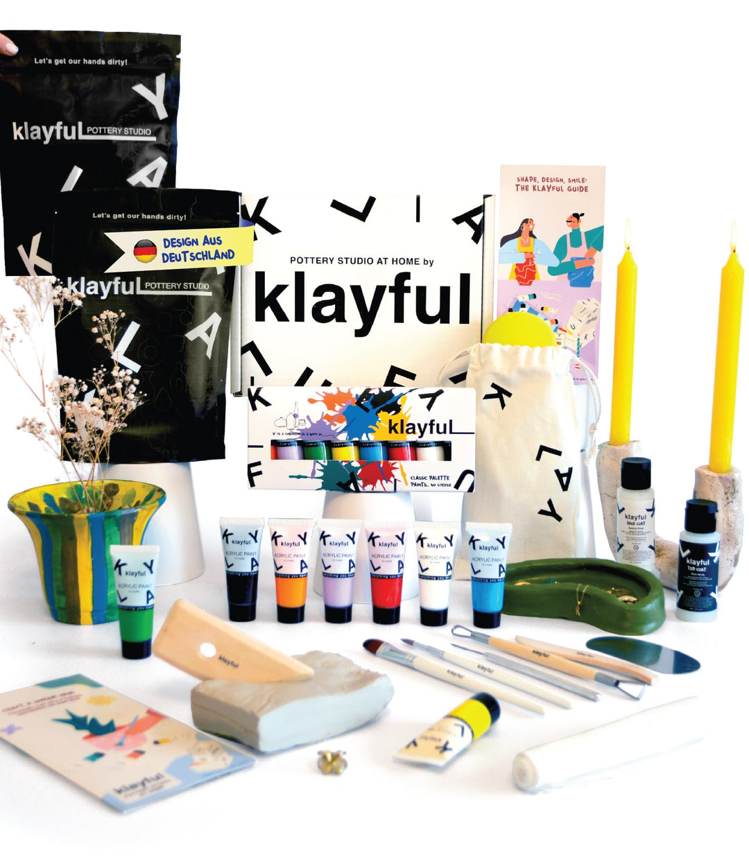 KLAYFUL Ton Töpferset für Anfänger für zu Hause - Lufttrocknend. Das Kit enthält: 3 kg weissen Ton,